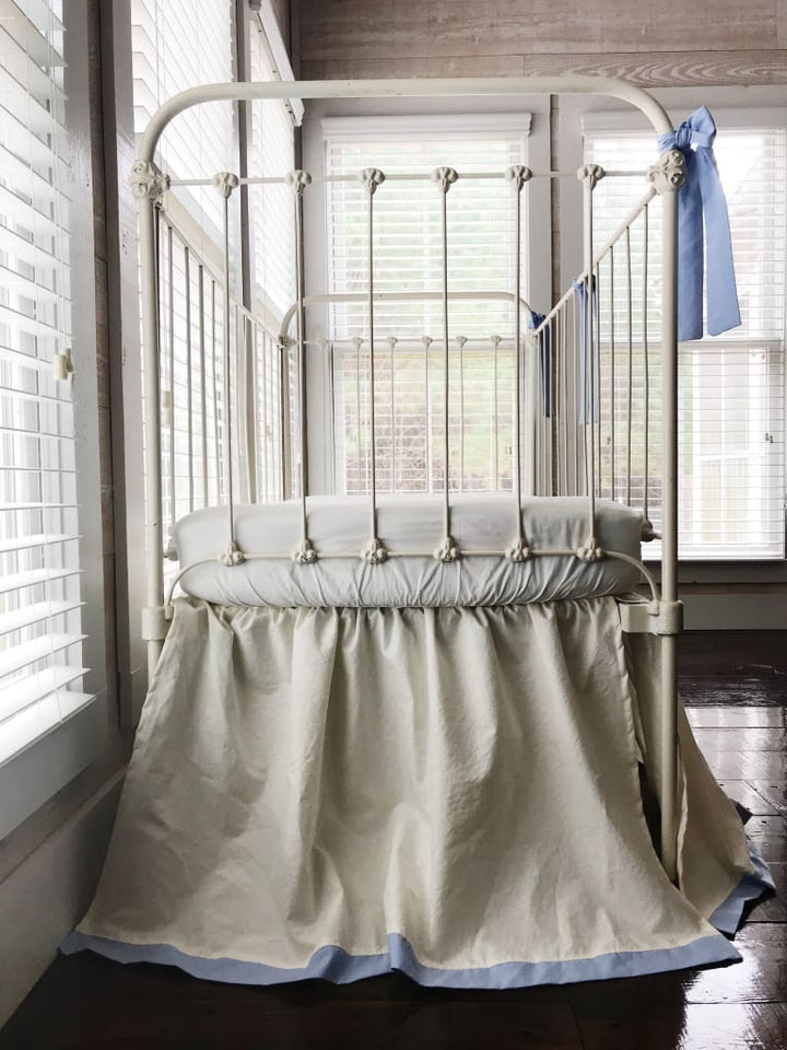 Ivory and Baby Blue Farmhouse Tailored Crib Bedding Set handmade heirloom nursery - High Cotton Textile