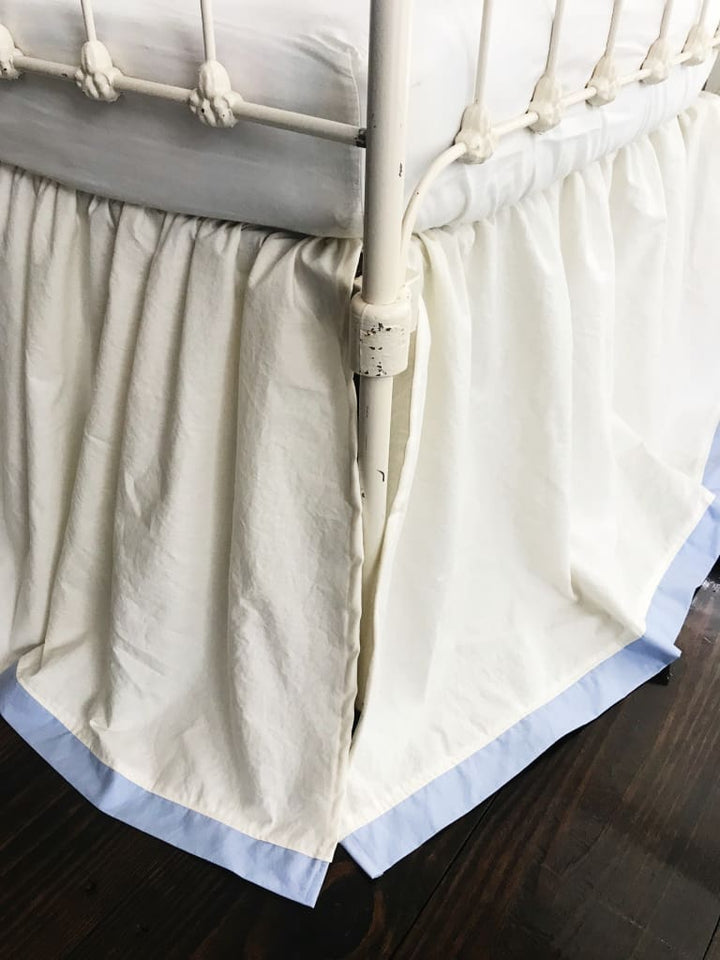 Ivory and Baby Blue Farmhouse Tailored Crib Skirt handmade heirloom nursery - High Cotton Textile