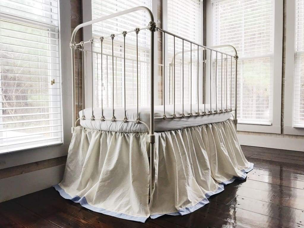 Ivory and Baby Blue Farmhouse Tailored Crib Skirt handmade heirloom nursery - High Cotton Textile