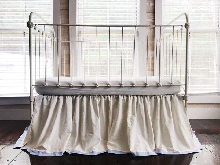 Ivory and Baby Blue Farmhouse Tailored Crib Skirt handmade heirloom nursery - High Cotton Textile