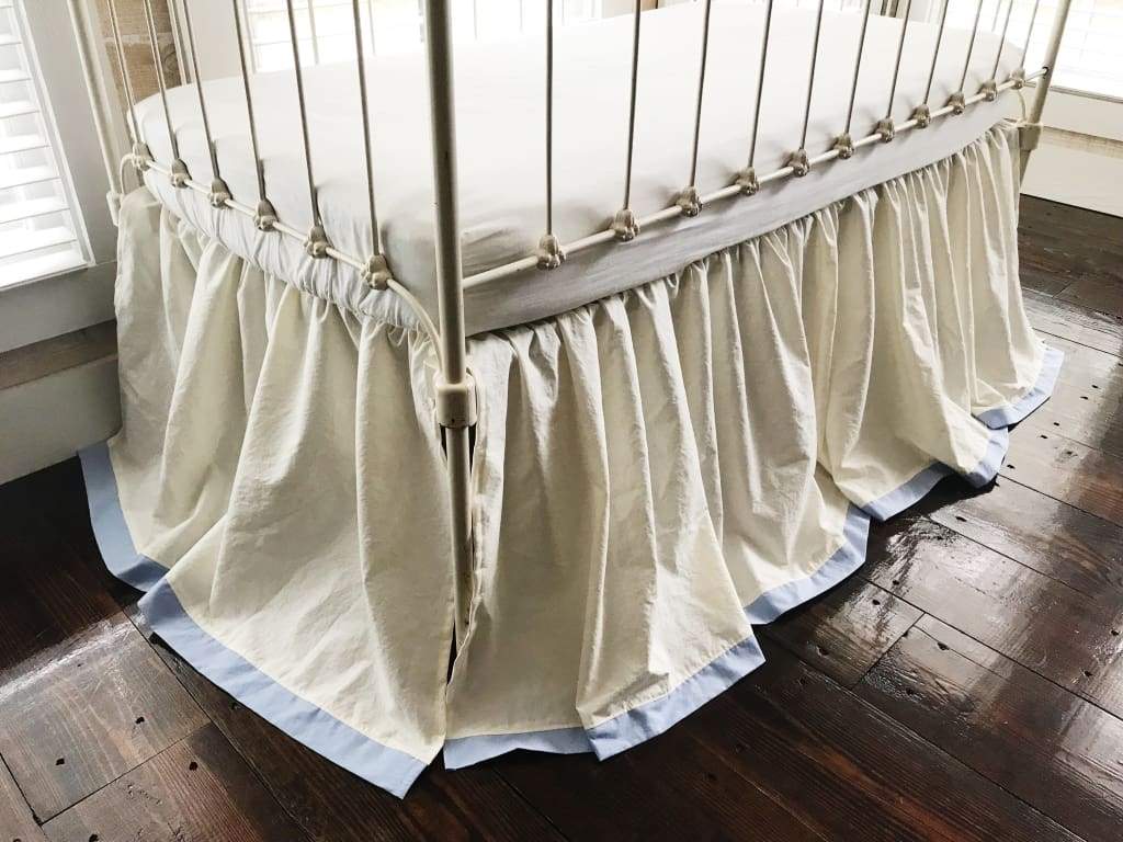 Ivory and Baby Blue Farmhouse Tailored Crib Skirt handmade heirloom nursery - High Cotton Textile