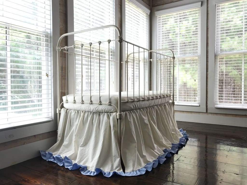 Ivory and Baby Blue Ruffled Crib Skirt handmade heirloom nursery - High Cotton Textile