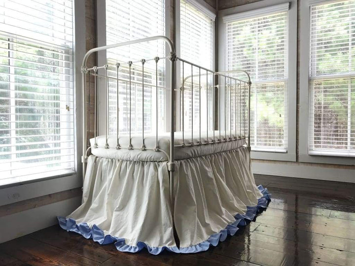 Ivory and Baby Blue Ruffled Crib Skirt handmade heirloom nursery - High Cotton Textile