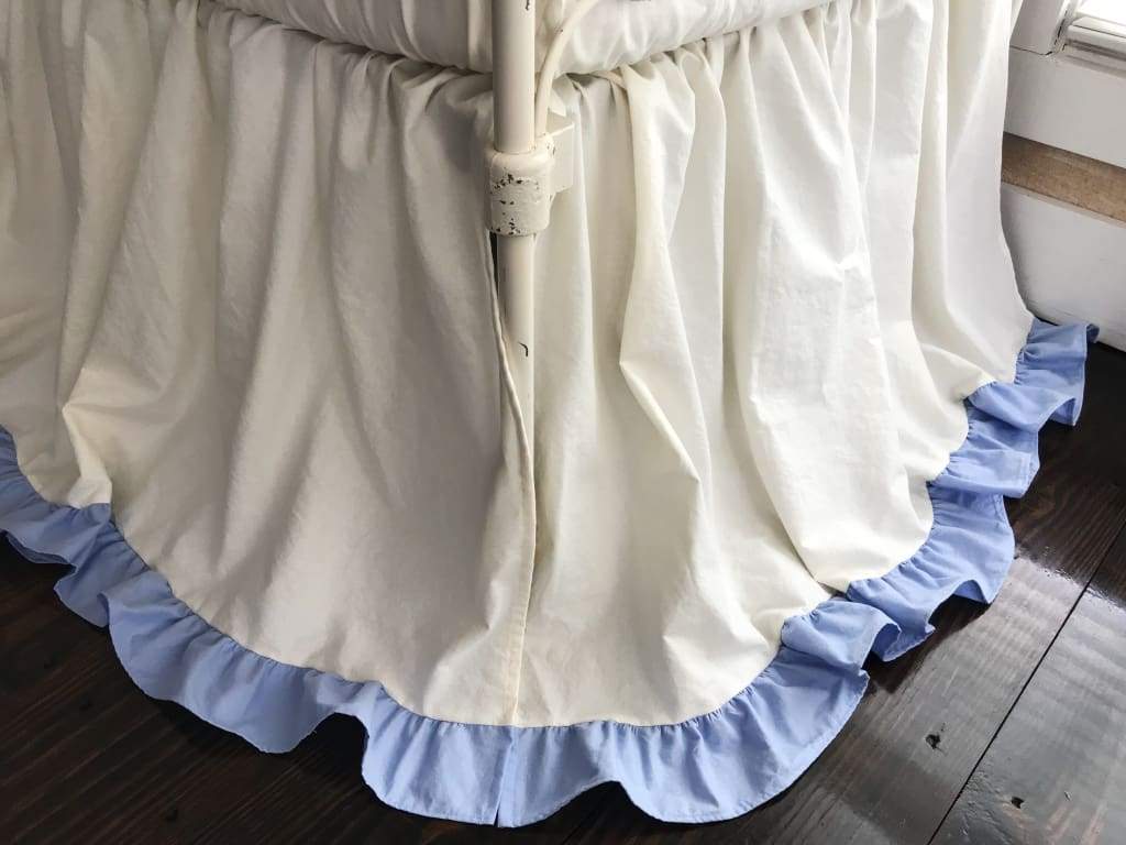 Ivory and Baby Blue Ruffled Crib Skirt handmade heirloom nursery - High Cotton Textile