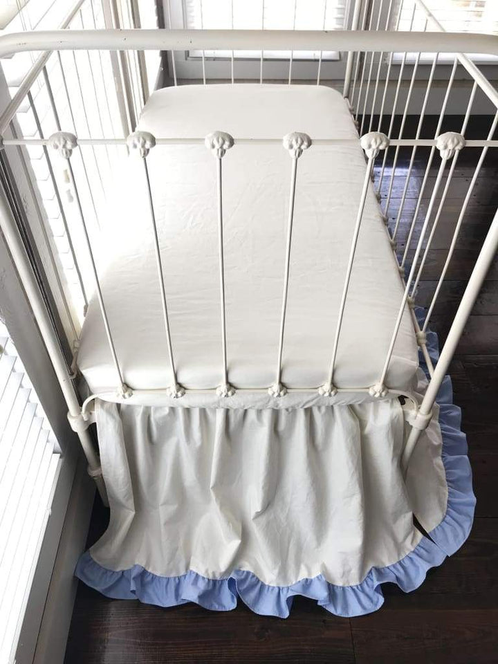Ivory and Baby Blue Ruffled Crib Skirt handmade heirloom nursery - High Cotton Textile