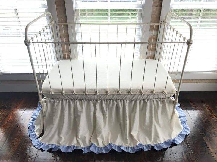 Ivory and Baby Blue Ruffled Crib Skirt handmade heirloom nursery - High Cotton Textile