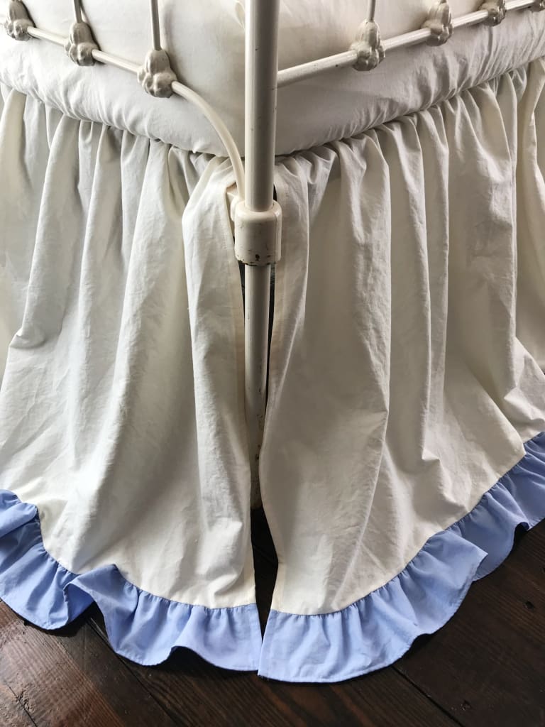 Ivory and Baby Blue Ruffled Crib Skirt handmade heirloom nursery - High Cotton Textile