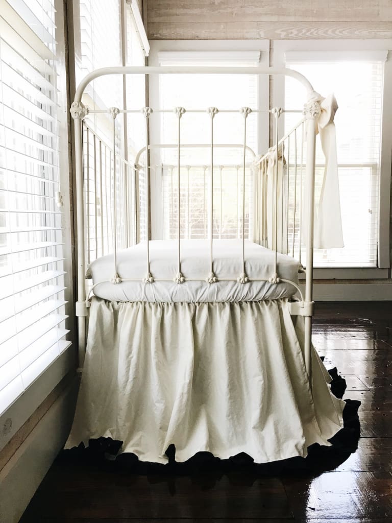 Ivory and Black Ruffled Crib Bedding Set handmade heirloom nursery - High Cotton Textile