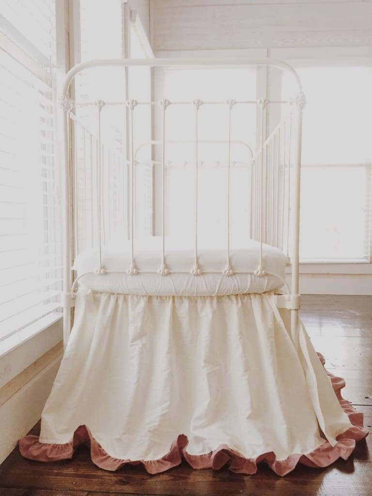Ivory and Blush Ruffled Crib Skirt for Baby Girls handmade heirloom nursery - High Cotton Textile