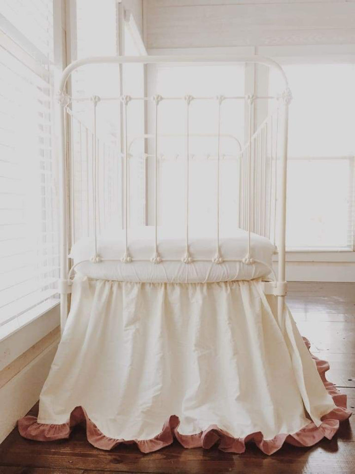 Ivory and Blush Ruffled Crib Skirt for Baby Girls handmade heirloom nursery - High Cotton Textile
