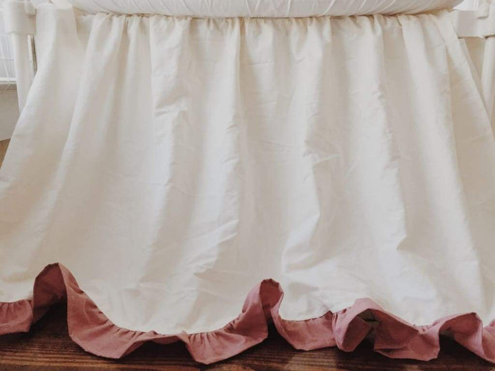Ivory and Blush Ruffled Crib Skirt for Baby Girls handmade heirloom nursery - High Cotton Textile