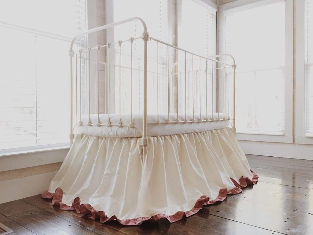 Ivory and Blush Ruffled Crib Skirt for Baby Girls handmade heirloom nursery - High Cotton Textile
