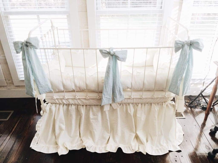 Ivory and Mist Ruffled Crib Bedding Set and Large Crib Bows - High Cotton Textile 