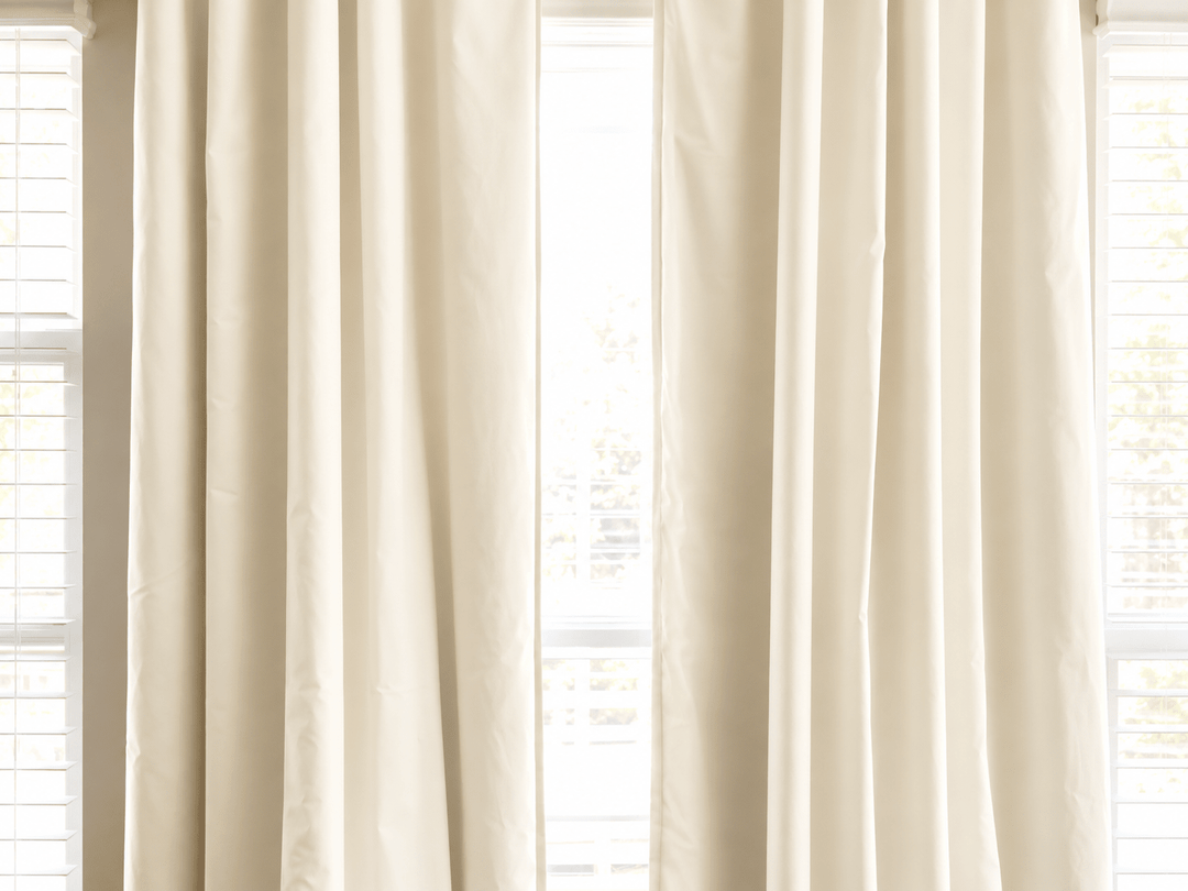 Ivory blackout panels framing a window between two white blinds on a warm grey wall