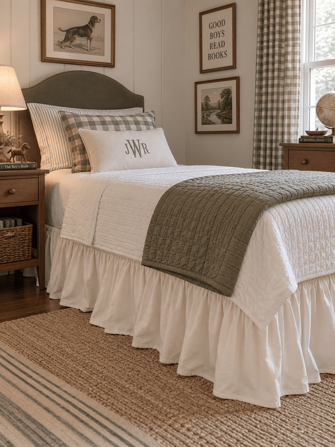 Wide view of a boy's bedroom with an ivory farmhouse twin bed skirt and green gingham curtains - High Cotton Textile