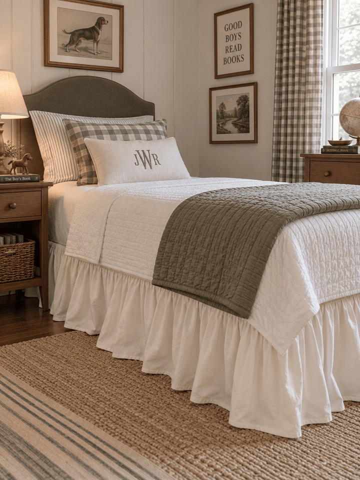 Wide view of a boy's bedroom with an ivory farmhouse twin bed skirt and green gingham curtains - High Cotton Textile