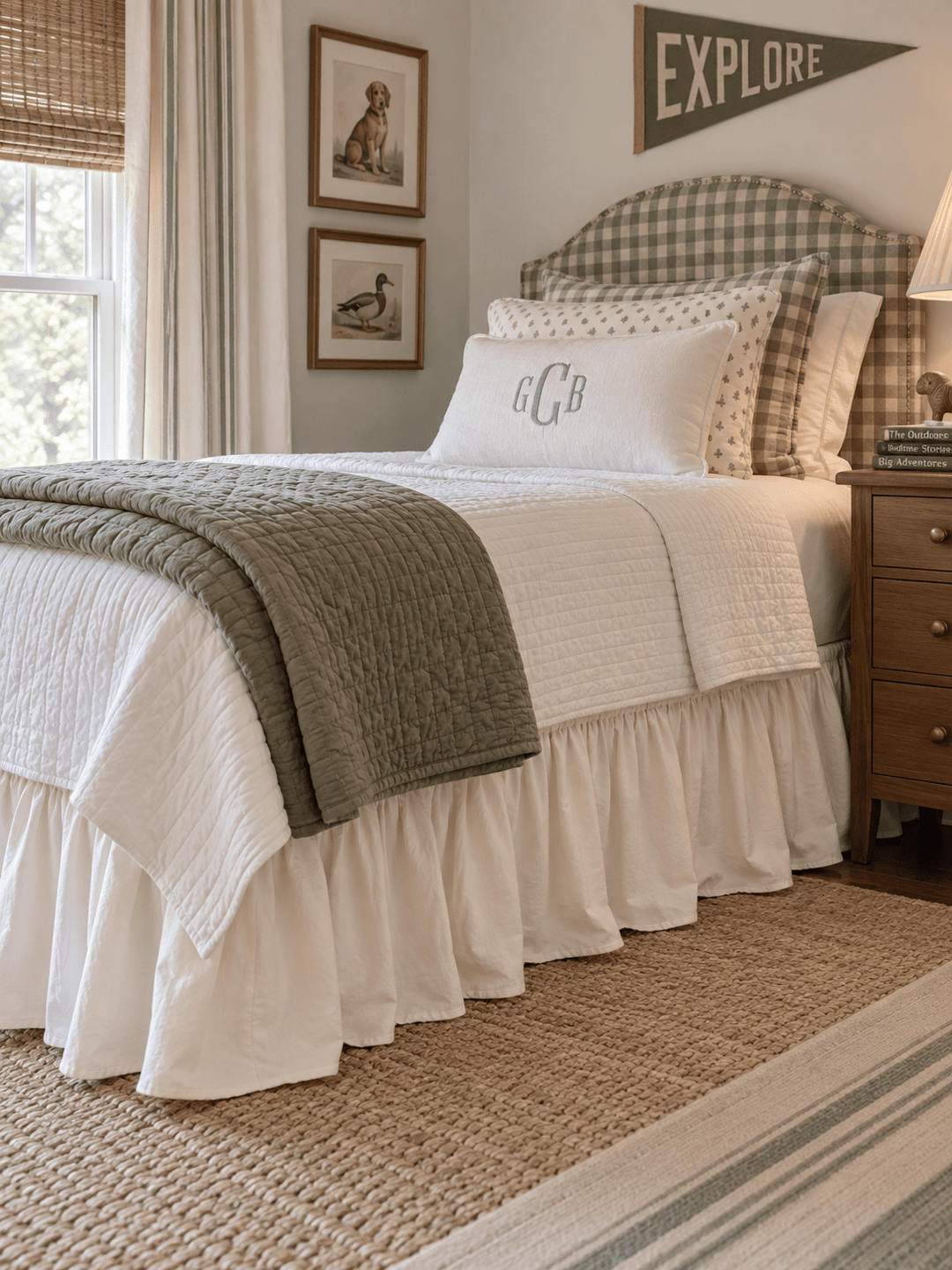 Ivory twin bed skirt in a boy's room with a green gingham headboard and a jute rug - High Cotton Textile