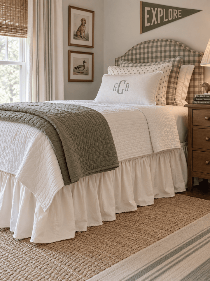 Ivory twin bed skirt in a boy's room with a green gingham headboard and a jute rug - High Cotton Textile
