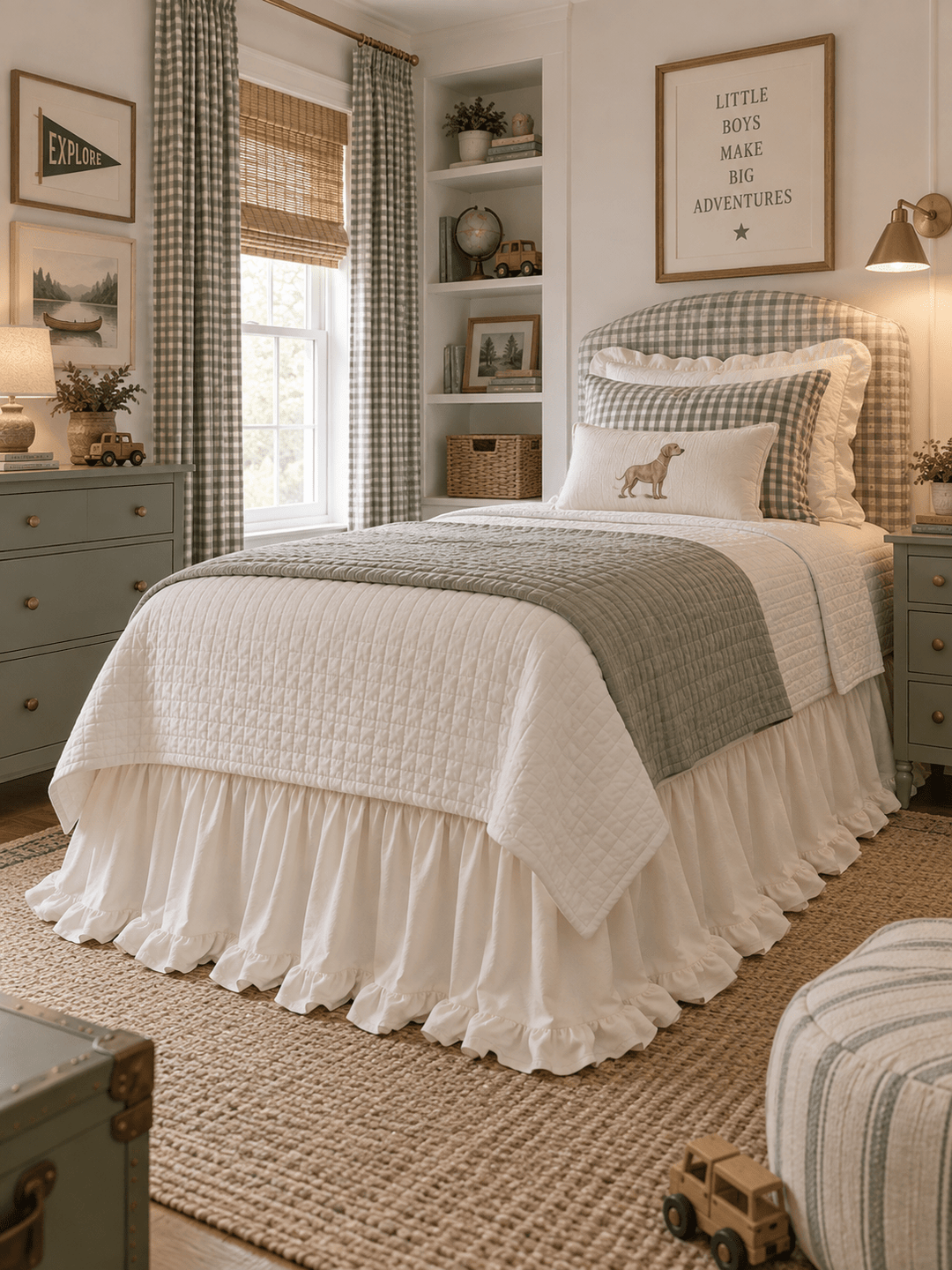 Wide view of a boy's bedroom with an ivory ruffled twin bed skirt and sage green furniture - High Cotton Textile