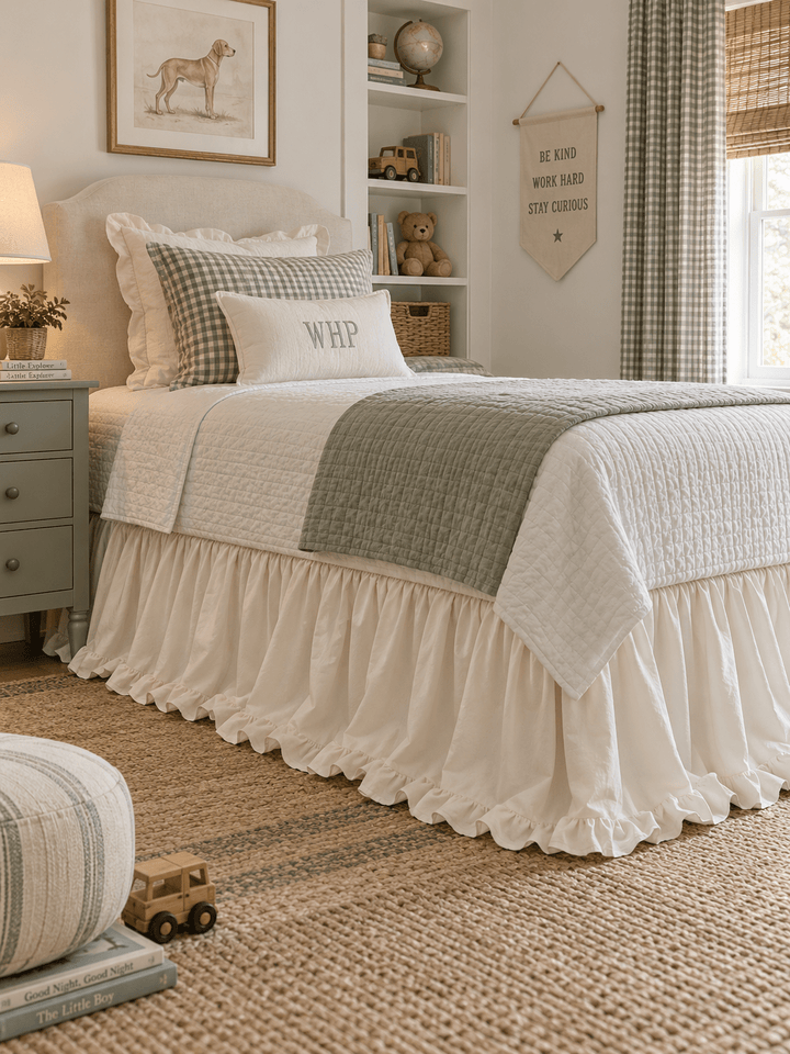 Ivory ruffled twin bed skirt along the side of a bed in a green gingham boy's room - High Cotton Textile