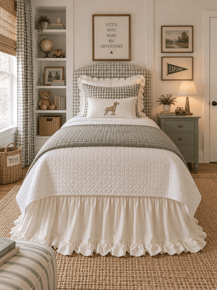 Straight on view from the foot of a twin bed showing the ivory ruffled bed skirt in a green gingham room - High Cotton Textile