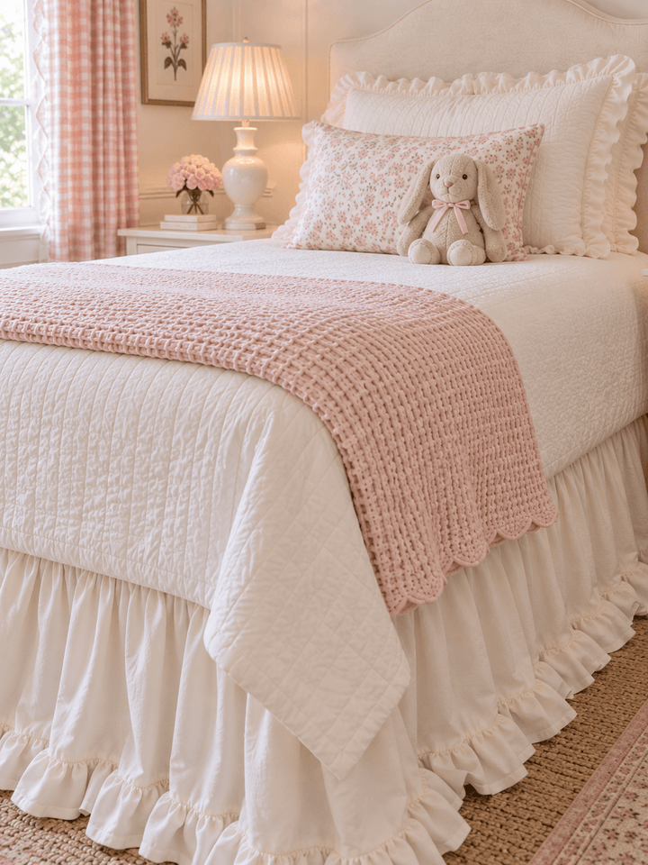 Close up of the ruffled hem and deep gathers on an ivory cotton twin bed skirt - High Cotton Textile