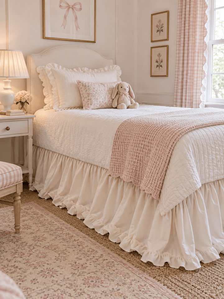 Ivory ruffled cotton twin bed skirt beside a white nightstand with a pink quilt folded across the bed - High Cotton Textile