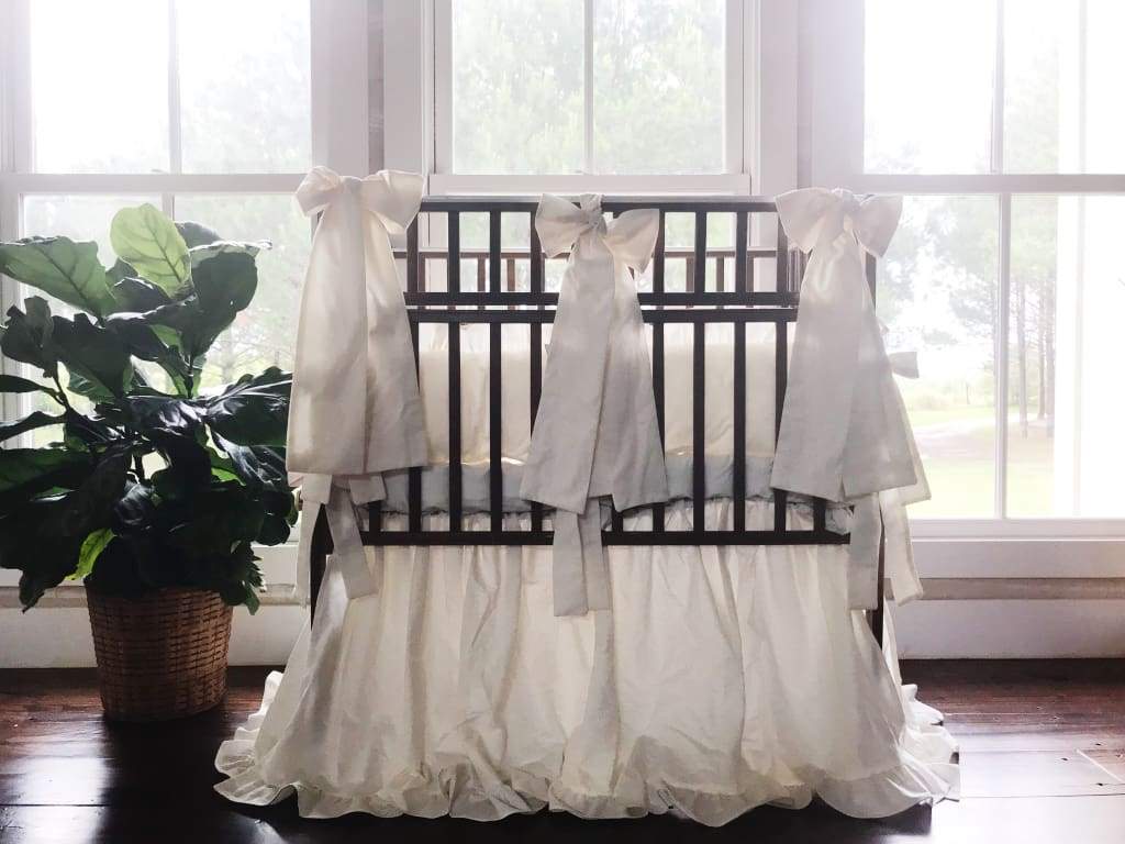 Ivory Ruffled Mini Crib Bedding Set and Large Crib Bows - High Cotton Textile 