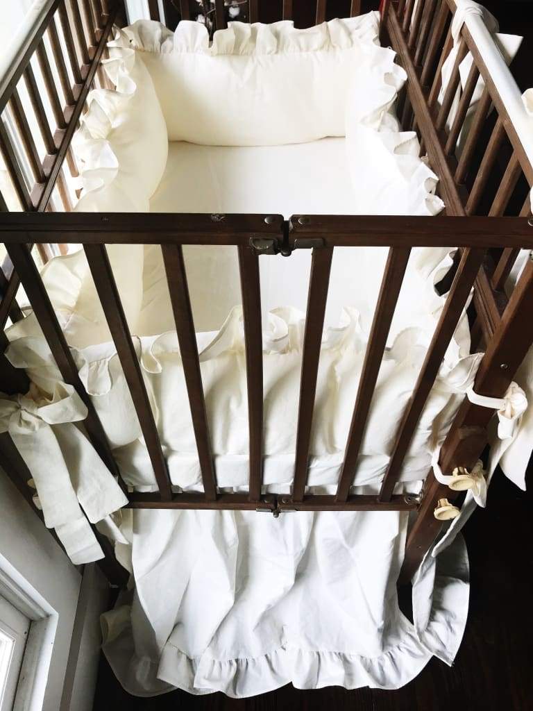 Ivory Ruffled Mini Crib Bedding Set and Large Crib Bows - High Cotton Textile 