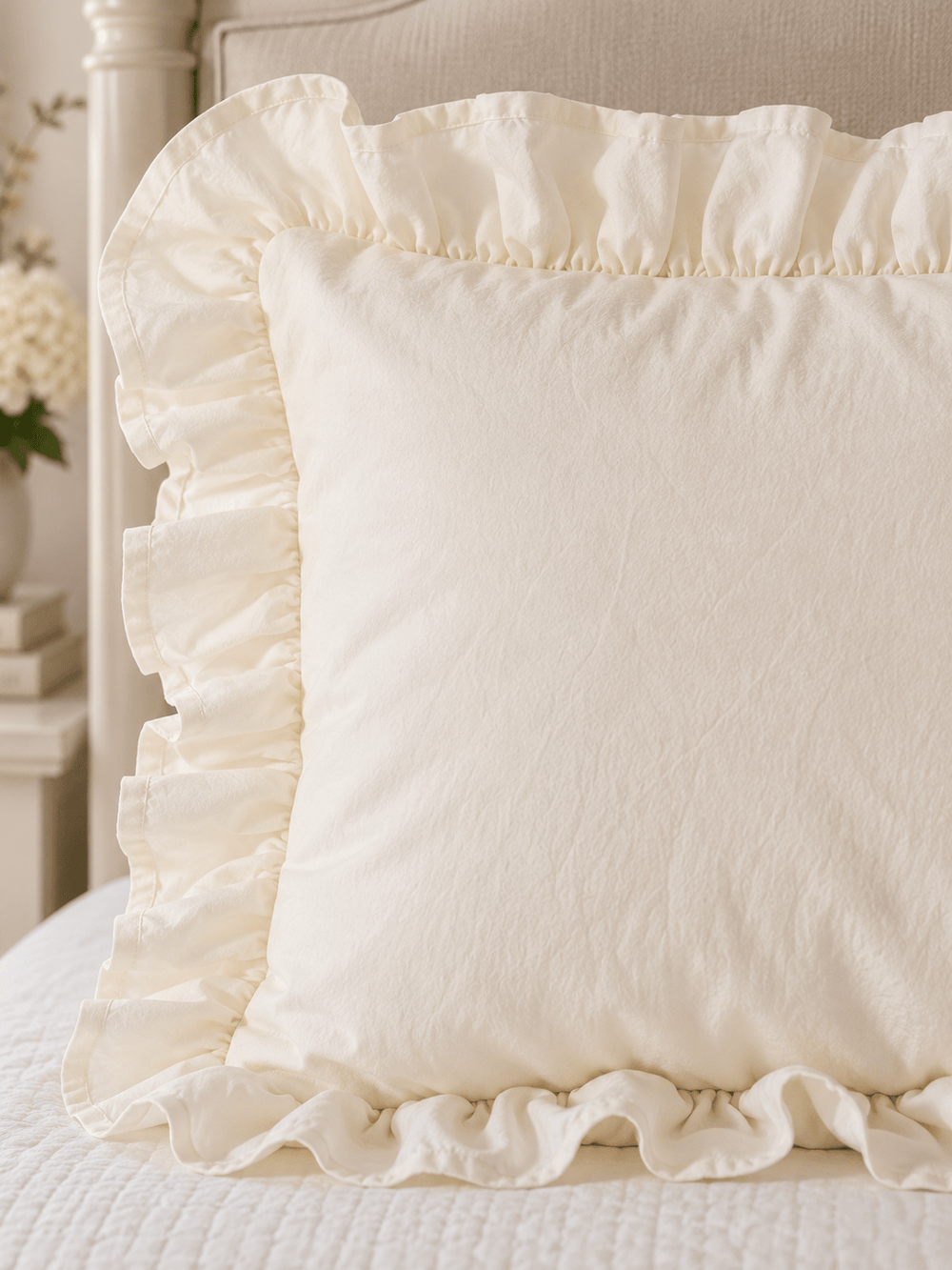 Close up of the gathered ruffle edge and washed cotton face of an ivory pillow sham - High Cotton Textile