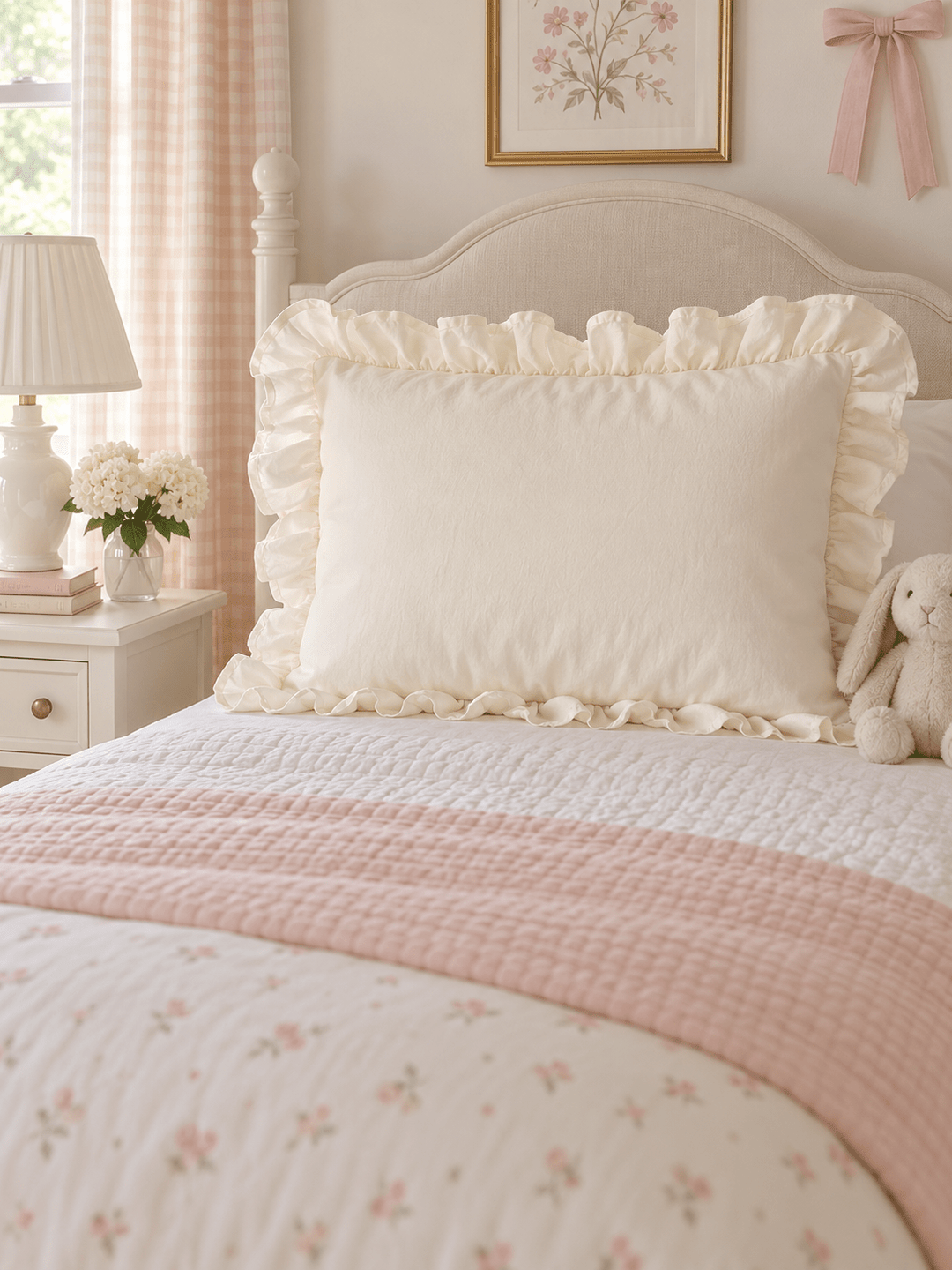 Ivory ruffled pillow sham on a twin bed with a pink floral quilt and gingham curtains - High Cotton Textile