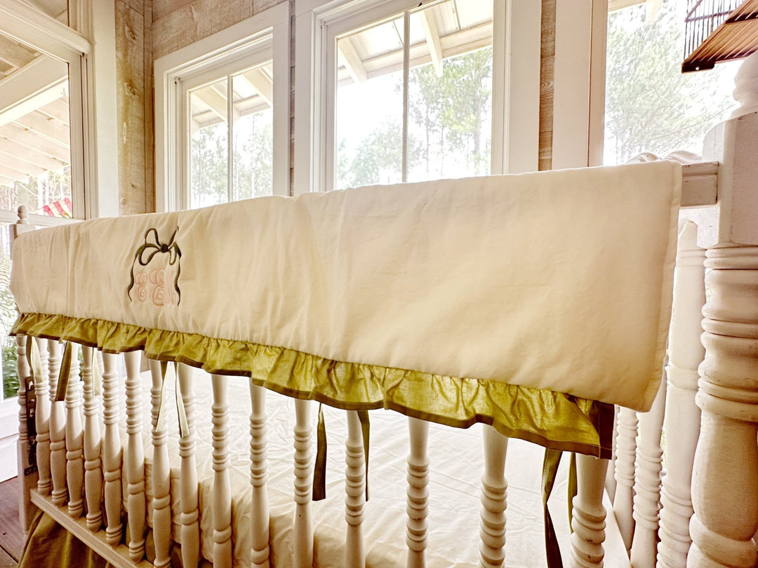 Ivory & Sage Green Crib Rail Cover handmade heirloom nursery - High Cotton Textile