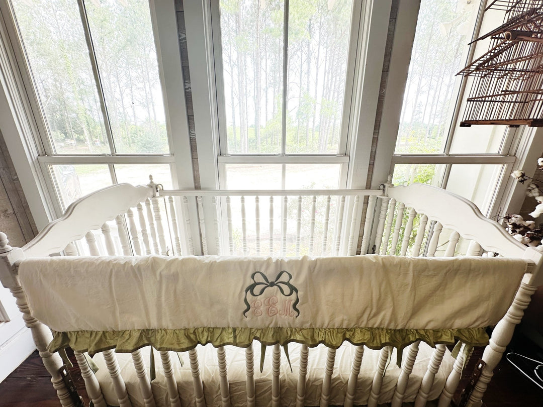 Ivory & Sage Green Crib Rail Cover handmade heirloom nursery - High Cotton Textile