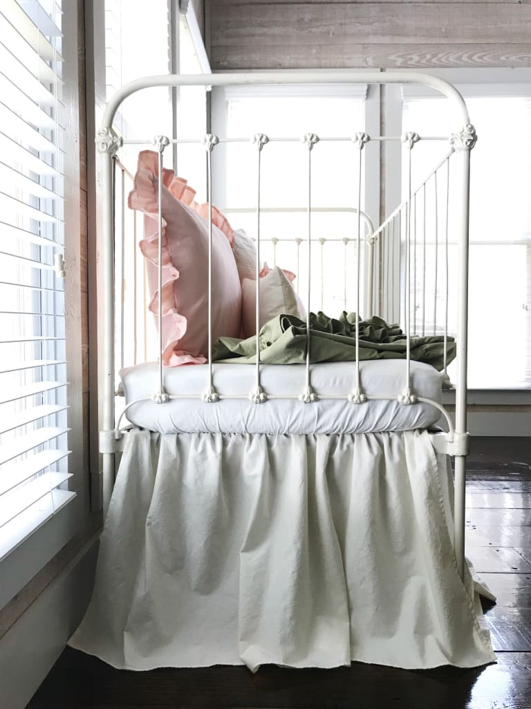 Ivory with Pink and Sage Simple Crib Bedding Set for Girls handmade heirloom nursery - High Cotton Textile