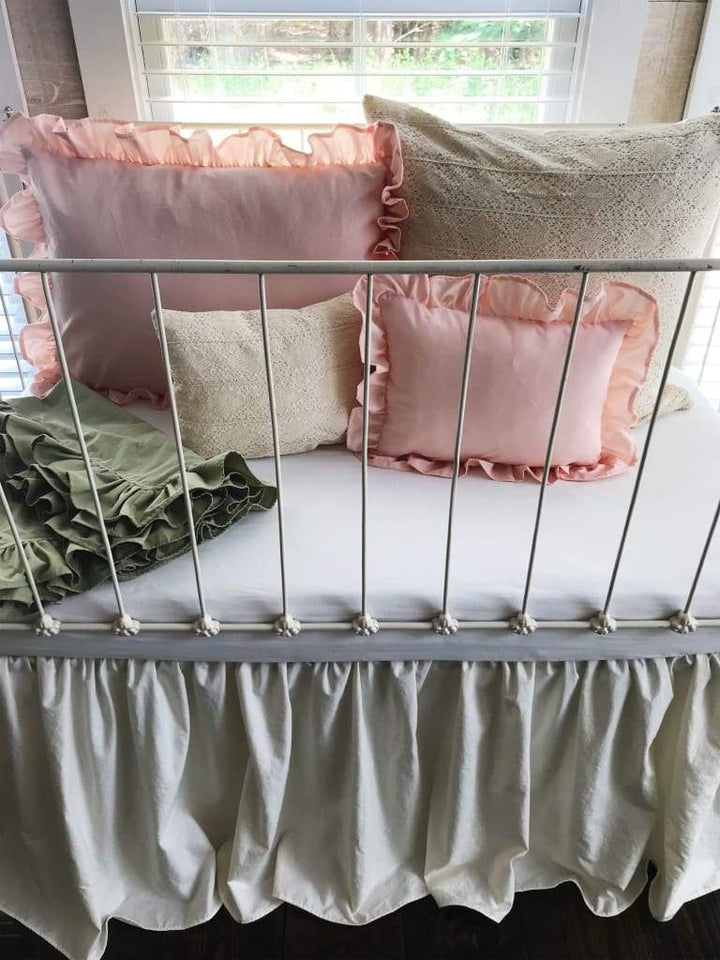 Ivory with Pink and Sage Simple Crib Bedding Set for Girls handmade heirloom nursery - High Cotton Textile