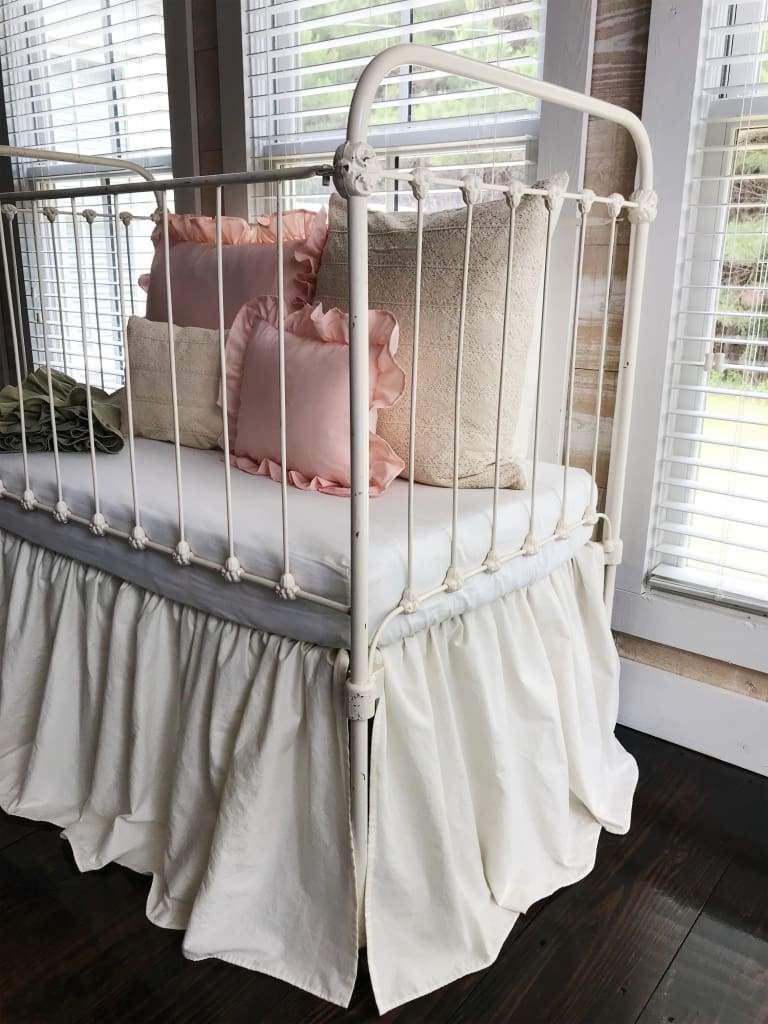 Ivory with Pink and Sage Simple Crib Bedding Set for Girls handmade heirloom nursery - High Cotton Textile