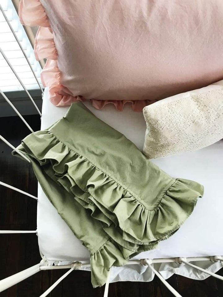 Ivory with Pink and Sage Simple Crib Bedding Set for Girls handmade heirloom nursery - High Cotton Textile