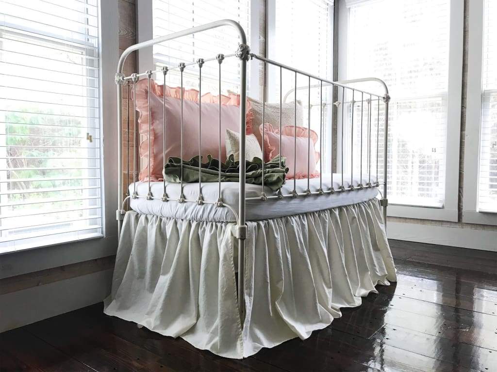 Ivory with Pink and Sage Simple Crib Bedding Set for Girls handmade heirloom nursery - High Cotton Textile