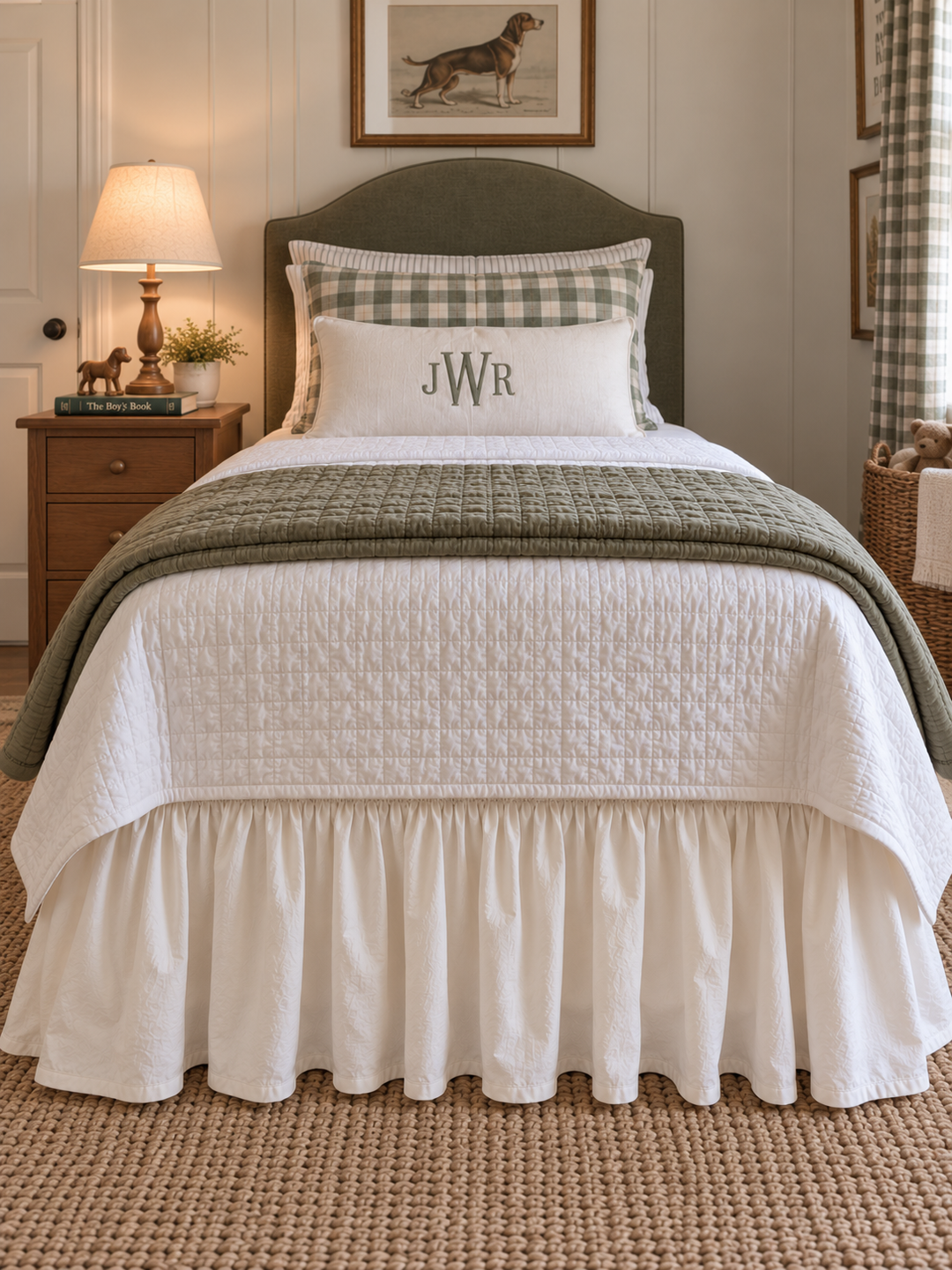 Straight on view from the foot of a twin bed showing the ivory farmhouse cotton bed skirt - High Cotton Textile