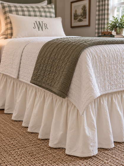 Close up of the gathered ivory farmhouse twin bed skirt and its plain hem beneath a green quilt - High Cotton Textile