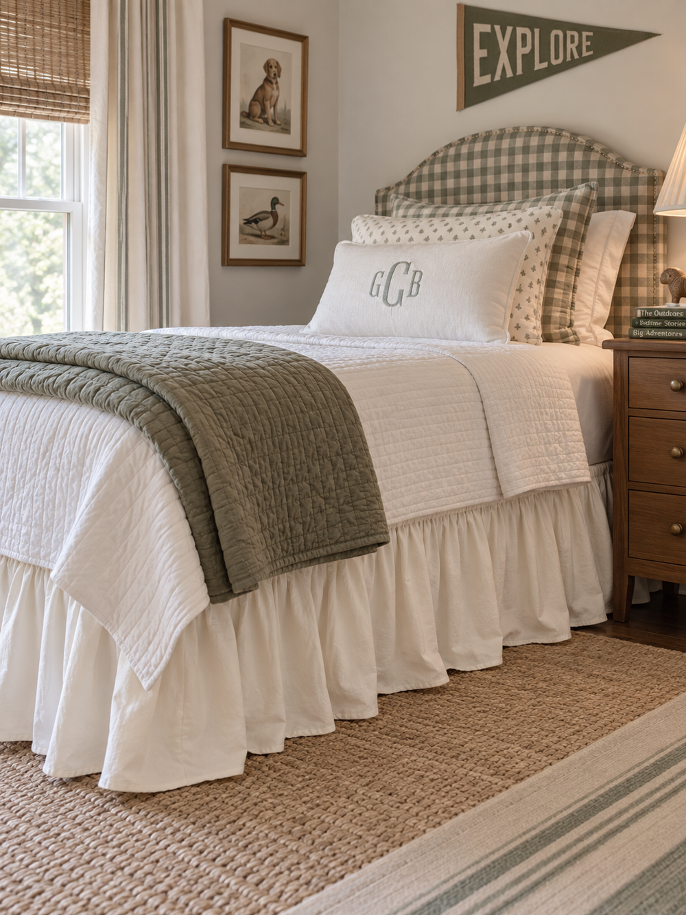Ivory twin bed skirt in a boy's room with a green gingham headboard and a jute rug - High Cotton Textile