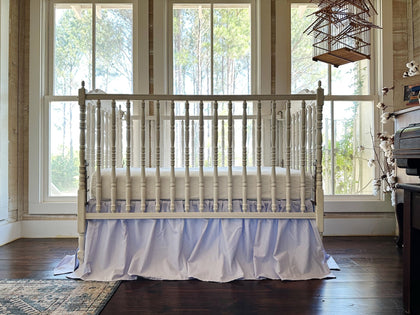 Lavender farmhouse crib skirt in washed cotton, 20-inch drop gathered on all four sides