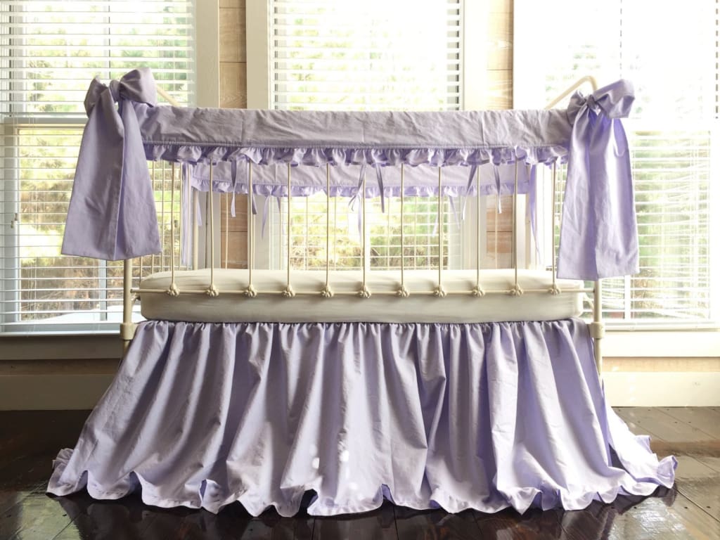 Lavender Ruffled Crib Bedding Set with Rail Covers, Skirt & Bows handmade heirloom nursery - High Cotton Textile