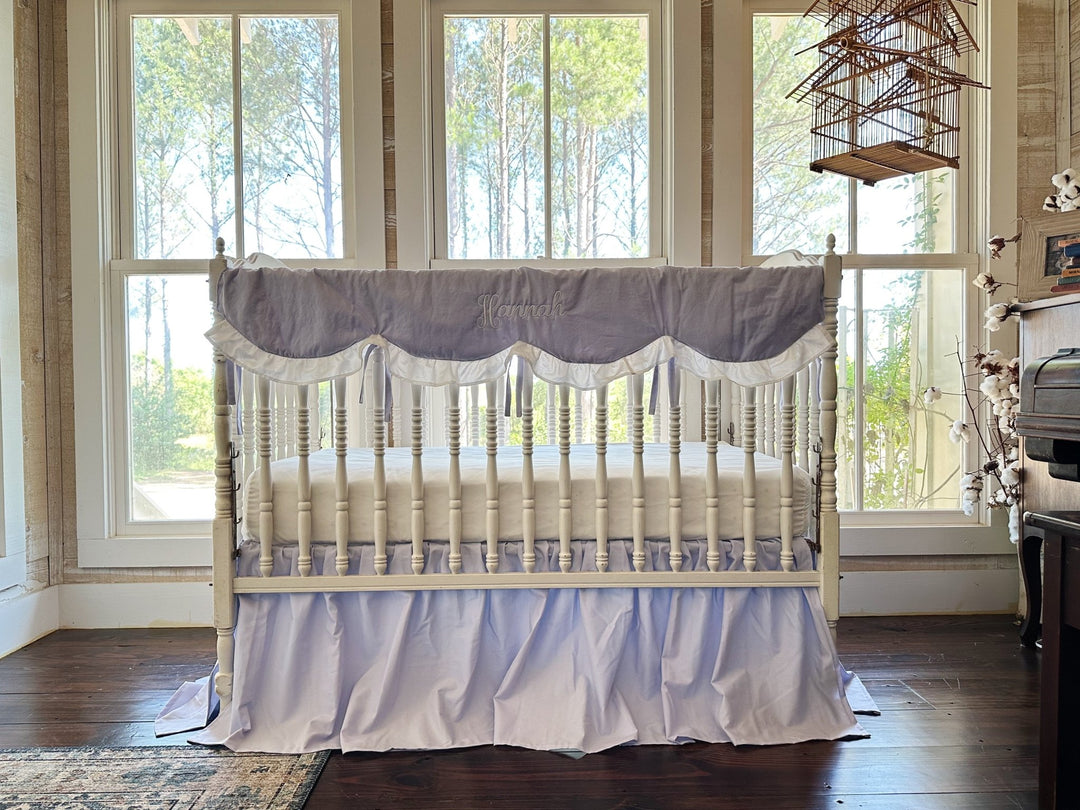 Lavender Scalloped Crib Rail Cover & Farmhouse Skirt Set | Personalized Baby Girl Nursery Bedding handmade heirloom nursery - High Cotton Textile