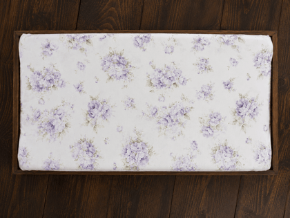 Lavender Shabby Chic Floral changing pad cover in washed cotton, lavender watercolor roses on ivory