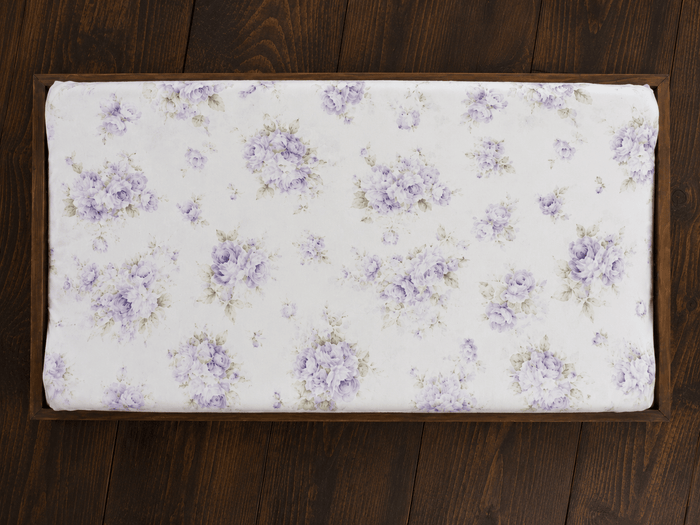Lavender Shabby Chic Floral changing pad cover in washed cotton, lavender watercolor roses on ivory