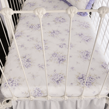 Lavender Shabby Chic Floral fitted crib sheet in washed cotton, fitted on a white iron crib mattress
