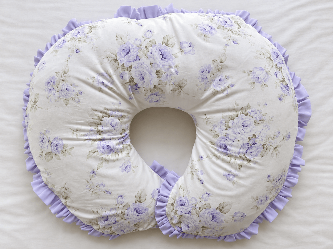 Lavender Shabby Chic Floral ruffled Boppy nursing pillow cover in washed cotton with a hand-gathered lavender ruffle edge