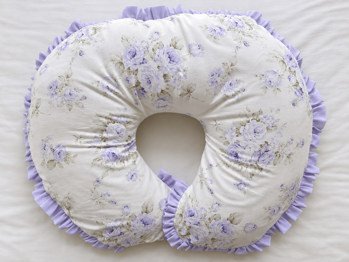Lavender Shabby Chic Floral ruffled Boppy nursing pillow cover in washed cotton with a hand-gathered lavender ruffle edge