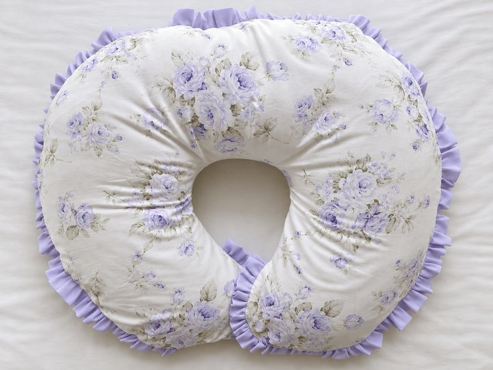 Lavender Shabby Chic Floral ruffled Boppy nursing pillow cover in washed cotton with a hand-gathered lavender ruffle edge
